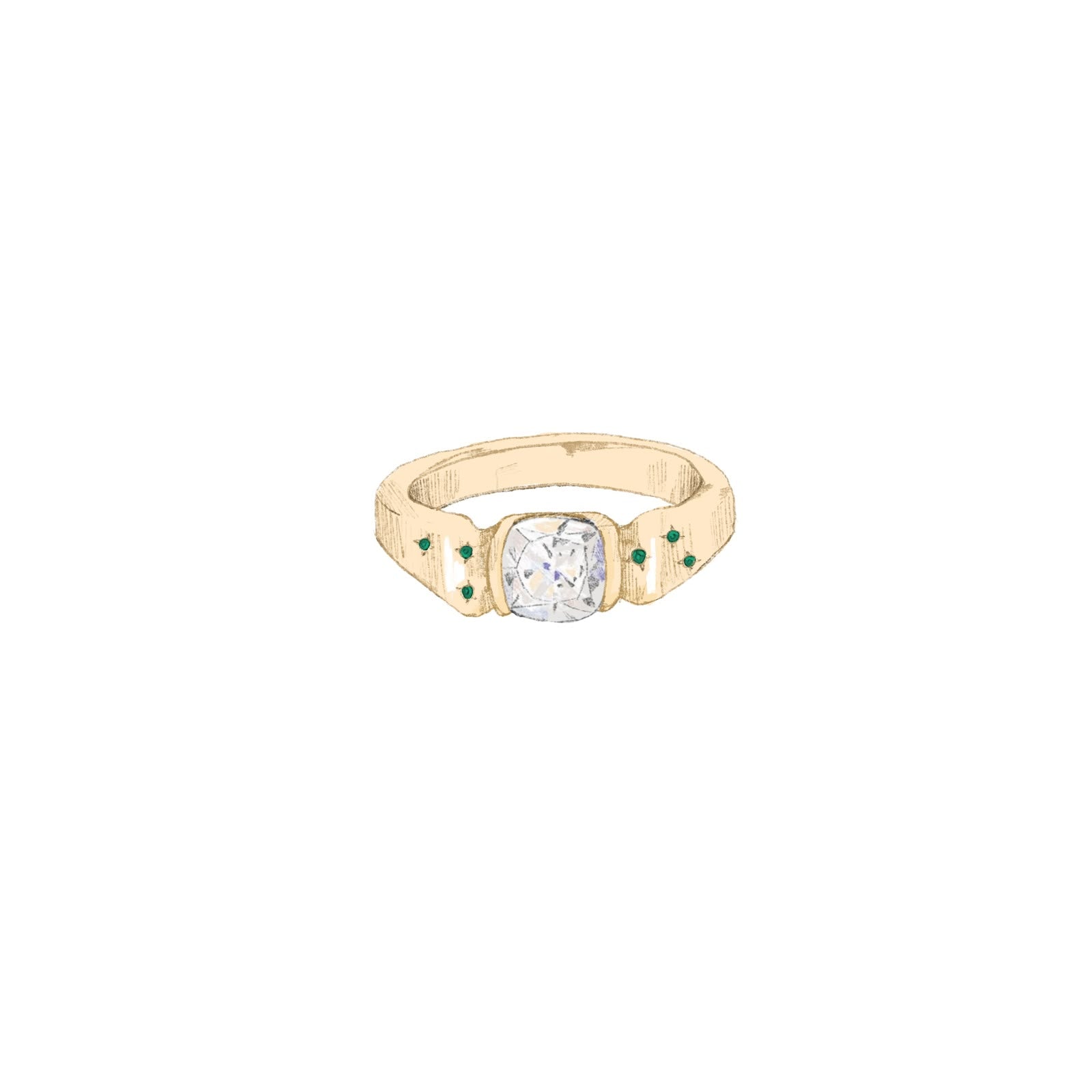 9K yellow gold with lab diamond and emeralds