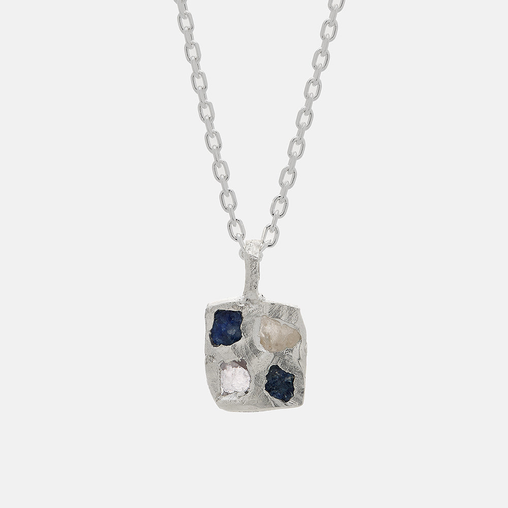 Raw Blue & White Sapphire Square Necklace