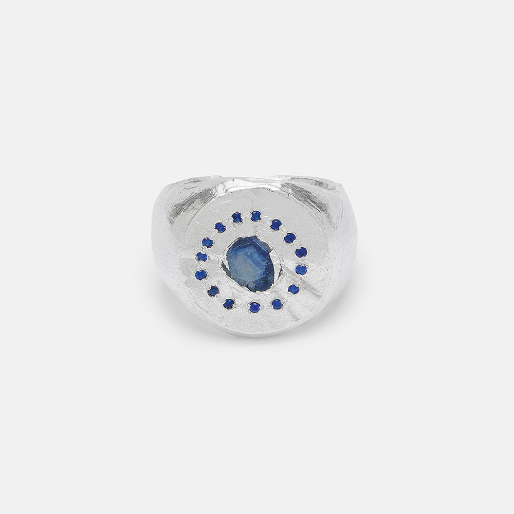 Blue Sapphire Halo Signet