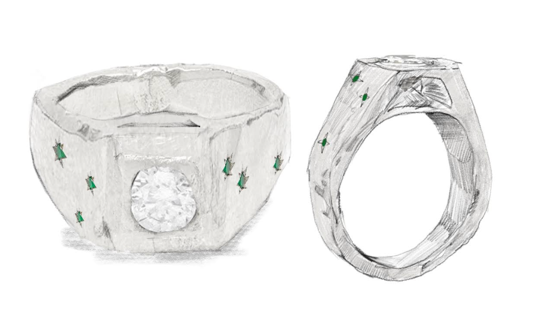 Bespoke 18k White Gold Heirloom Diamond & Emerald Scatter Signet