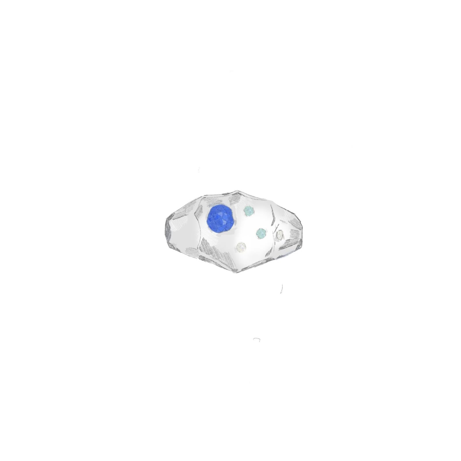 9K white gold shield signet with aqua and diamond